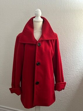 Classic Red Women's Pea Coat with Wide Lapel